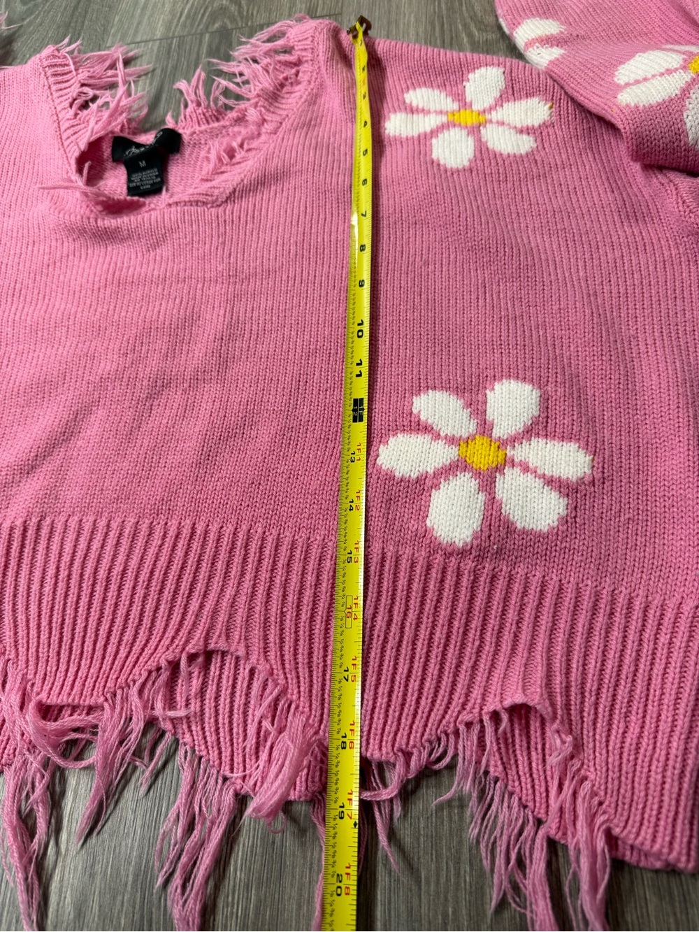 Just Polly Pink Daisy Distressed Fringe Crop Sweater M Y2K Floral Knit Grunge - Picture 5 of 13